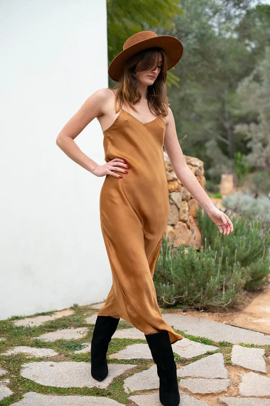 ROSE SILK SLIP DRESS COPPER