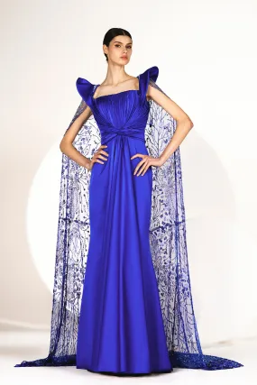 Satin Pleated Mermaid Dress with Embroidered Cape