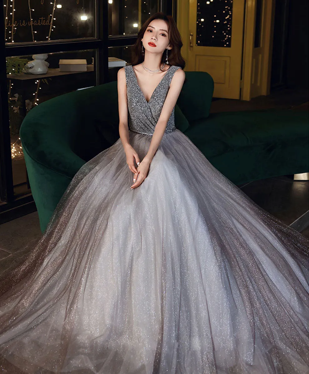 Shiny Aline Gray Tulle V Neck Sequin Long Prom Dress, Gray Formal Dress