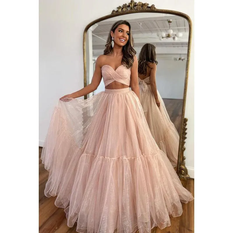 Sweetheart Strapless Ruched Tulle A-Line Long Evening Dress