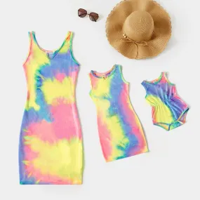 Tie Dye Round Neck Sleeveless Bodycon Dress for Mom and Me