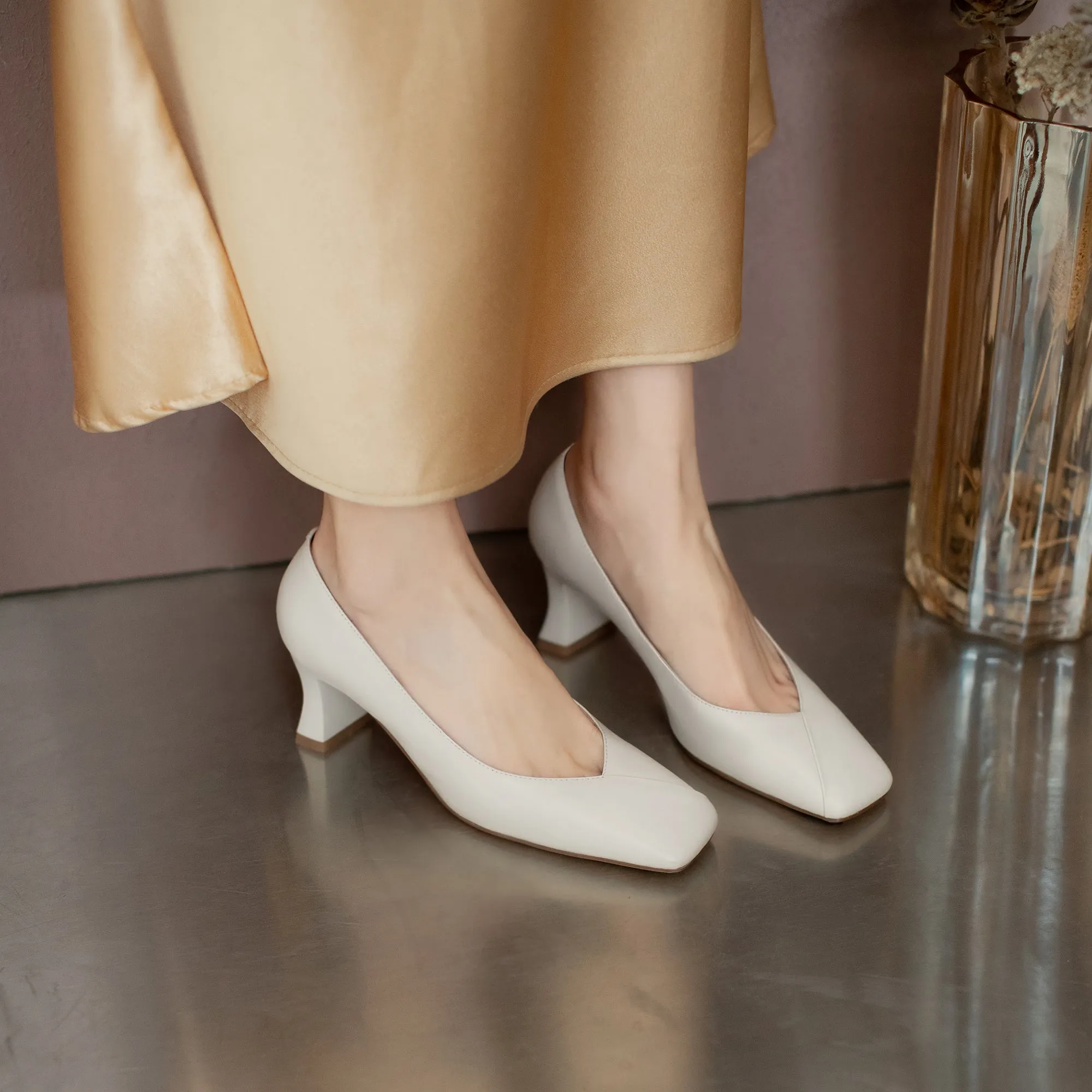 TinaCus Genuine Leather Handmade Women's Square Toe Unique Mid Heel Slip On Comfortable Pumps