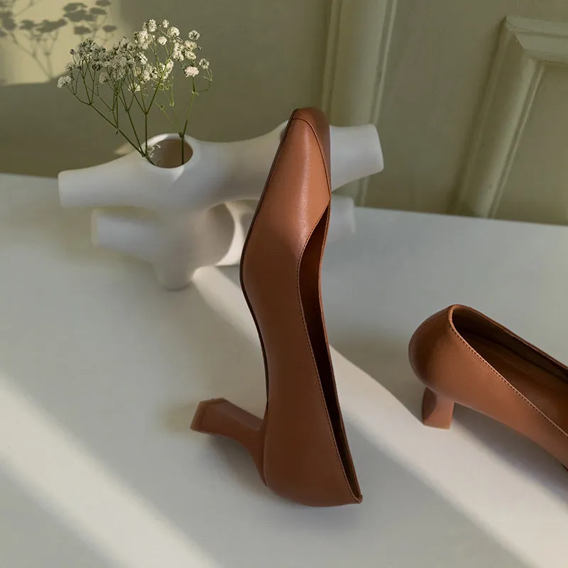 TinaCus Genuine Leather Handmade Women's Square Toe Unique Mid Heel Slip On Comfortable Pumps