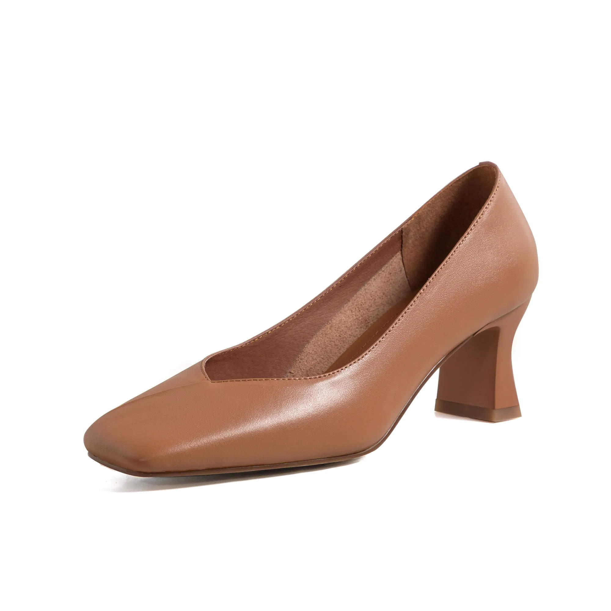 TinaCus Genuine Leather Handmade Women's Square Toe Unique Mid Heel Slip On Comfortable Pumps