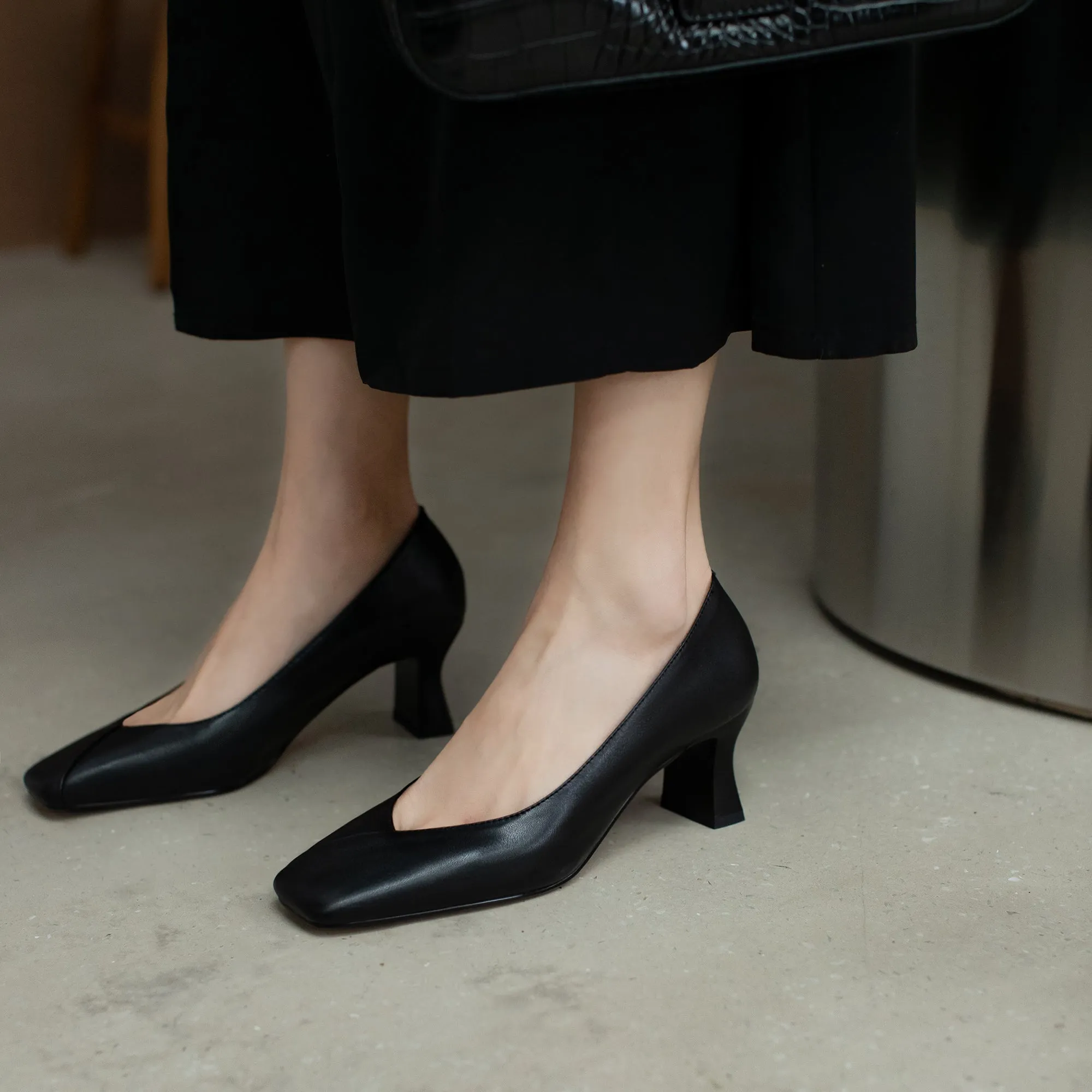 TinaCus Genuine Leather Handmade Women's Square Toe Unique Mid Heel Slip On Comfortable Pumps