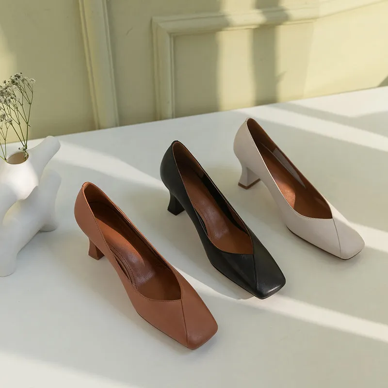 TinaCus Genuine Leather Handmade Women's Square Toe Unique Mid Heel Slip On Comfortable Pumps