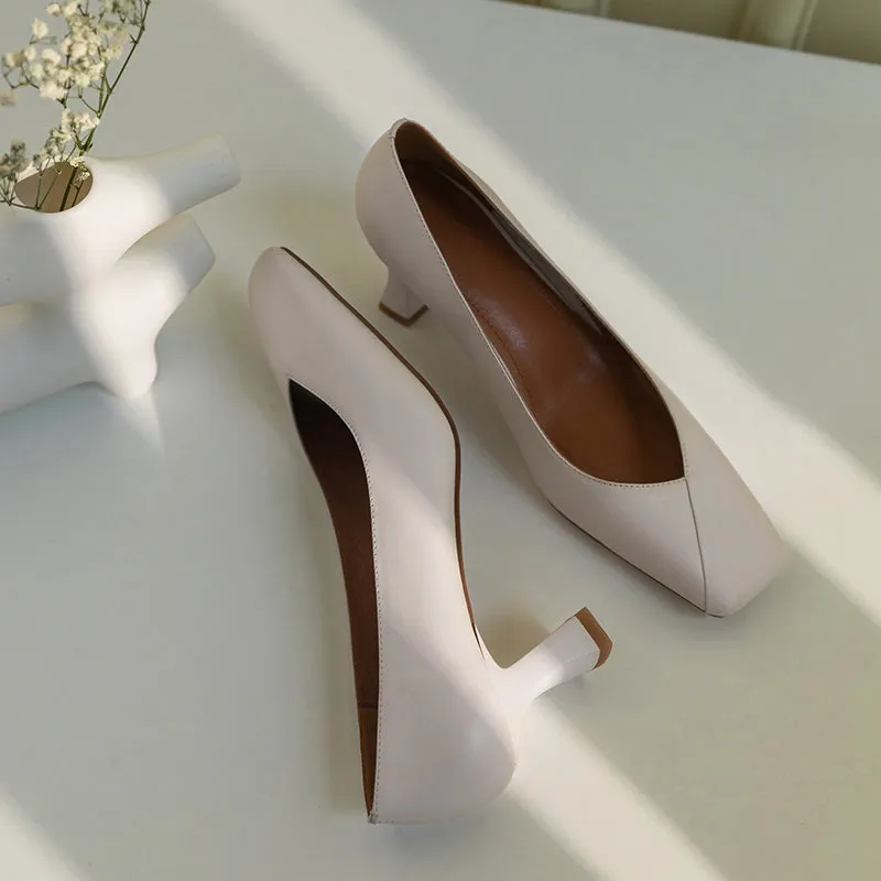TinaCus Genuine Leather Handmade Women's Square Toe Unique Mid Heel Slip On Comfortable Pumps