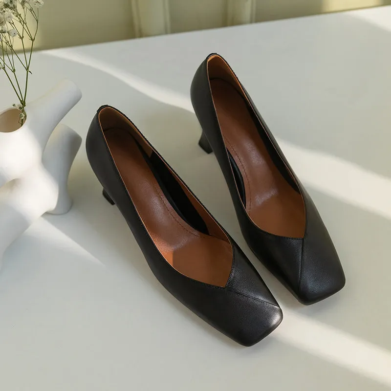 TinaCus Genuine Leather Handmade Women's Square Toe Unique Mid Heel Slip On Comfortable Pumps