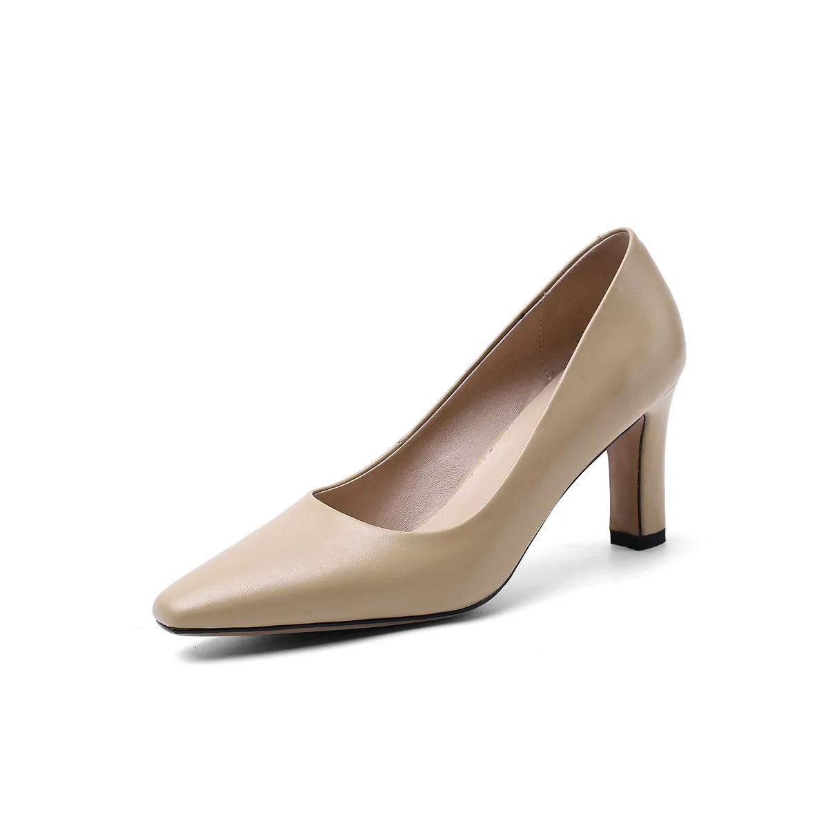 TinaCus Genuine Leather Women's Handmade Closed Pointed Toe High Chunky Heel Slip On Loafer Pump Shoes