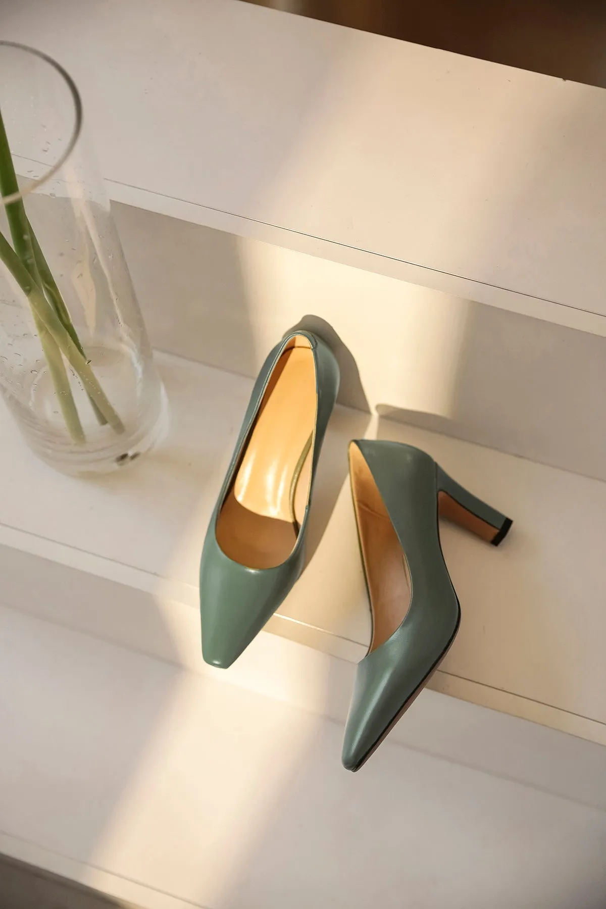TinaCus Genuine Leather Women's Handmade Closed Pointed Toe High Chunky Heel Slip On Loafer Pump Shoes