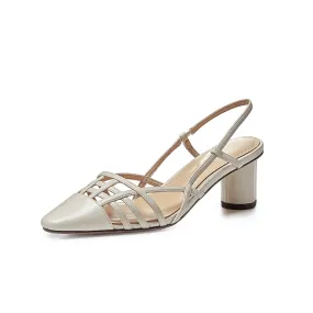 TinaCus Genuine Leather Women's Handmade Closed Square Toe Chunky Heel Slingback Slip On Sandal Pumps