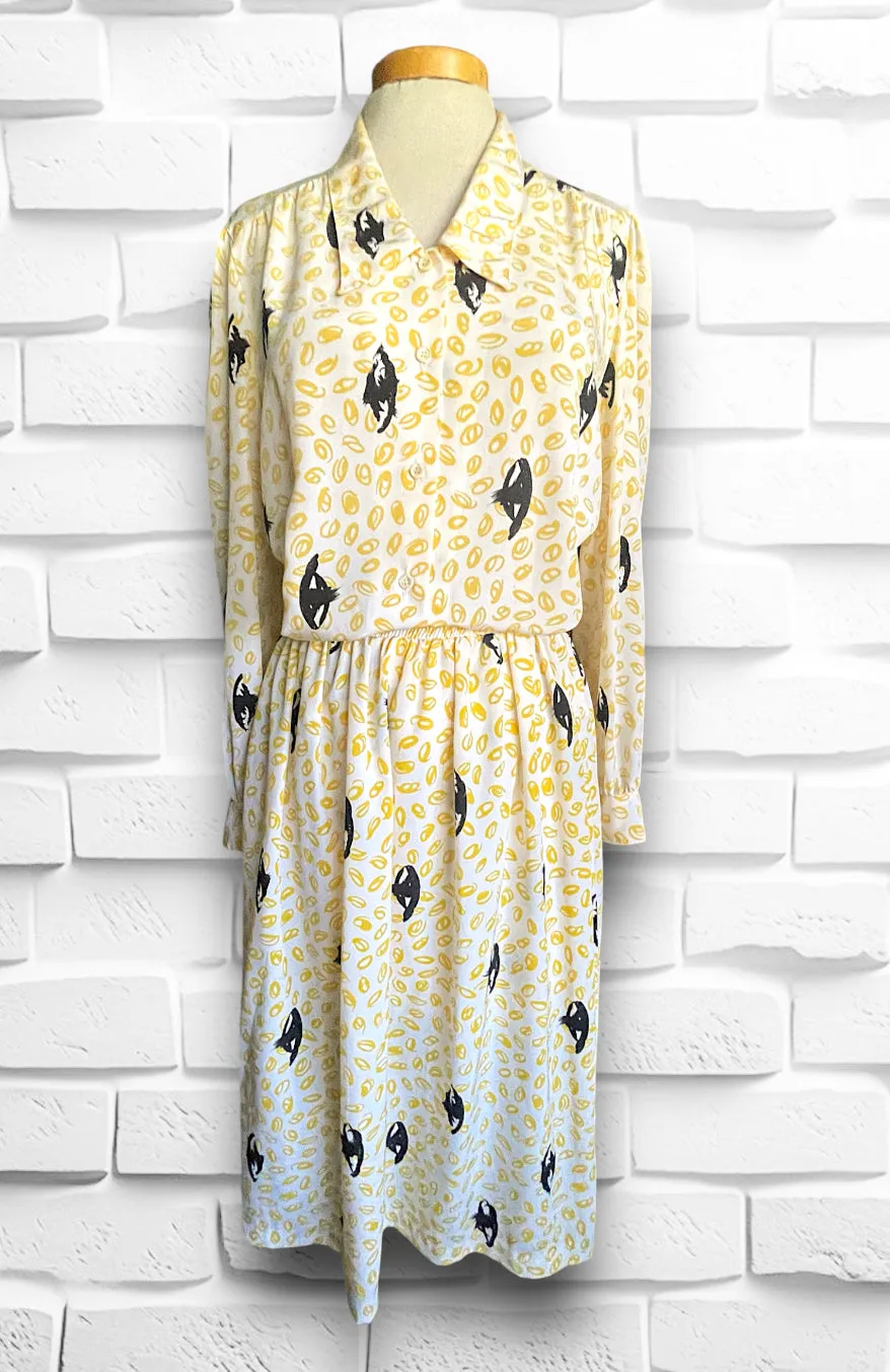 Vintage 1970’s Abstract Yellow & Black Matching Skirt & Shirt Outfit Set