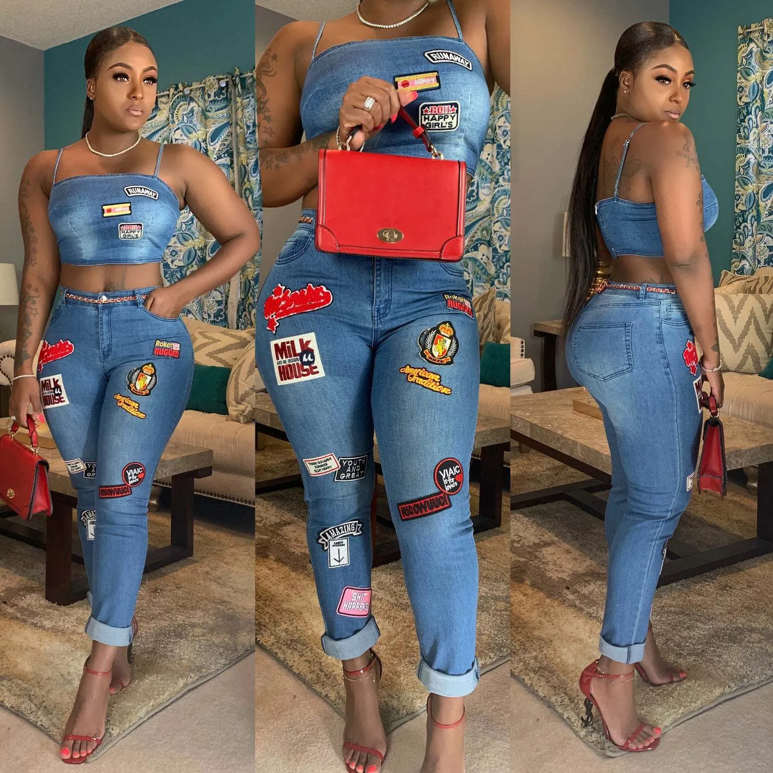 Women's British Sexy Cartoon Patch Jeans Suit