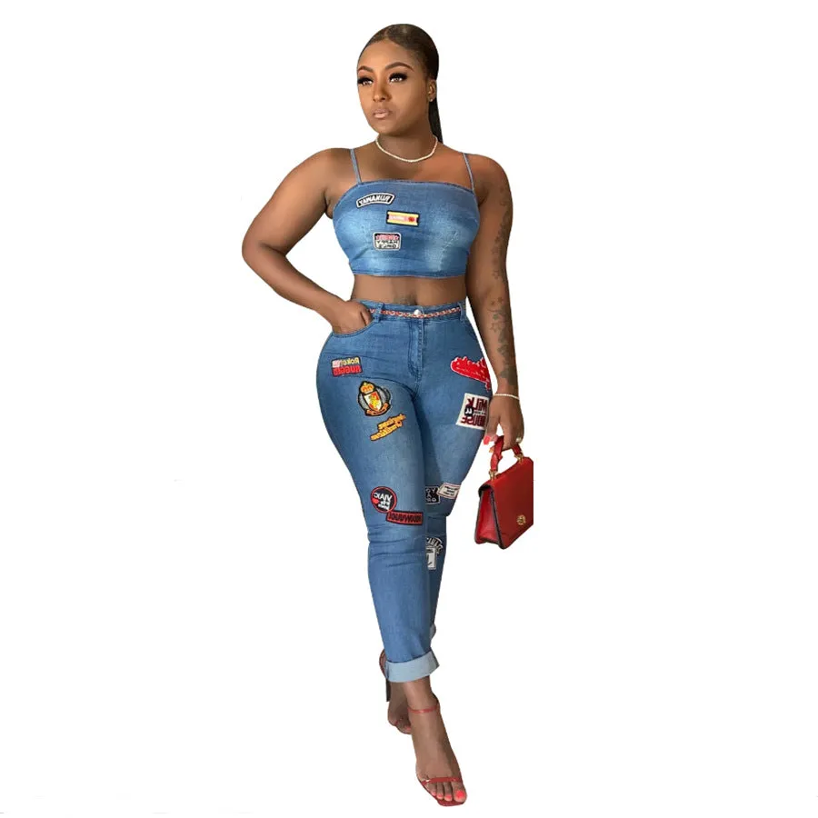 Women's British Sexy Cartoon Patch Jeans Suit
