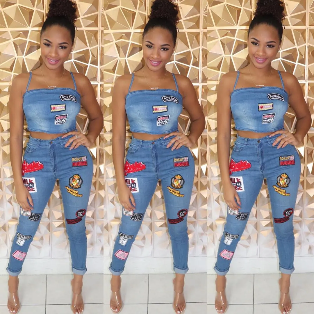 Women's British Sexy Cartoon Patch Jeans Suit