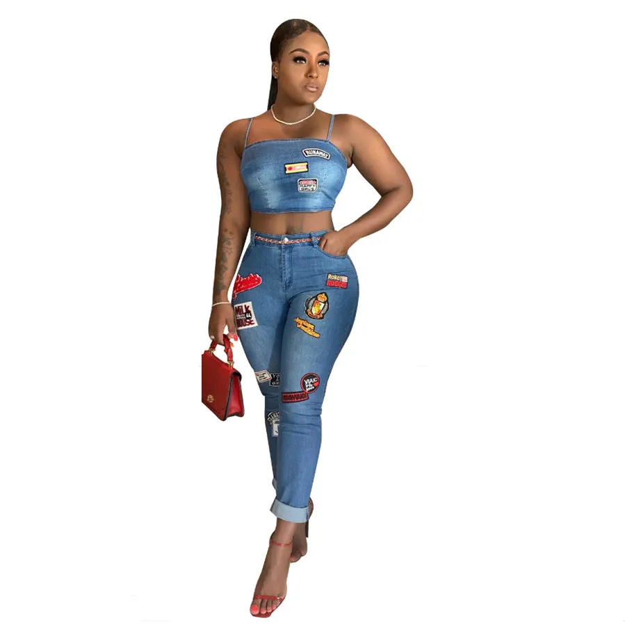 Women's British Sexy Cartoon Patch Jeans Suit