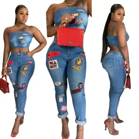 Women's British Sexy Cartoon Patch Jeans Suit