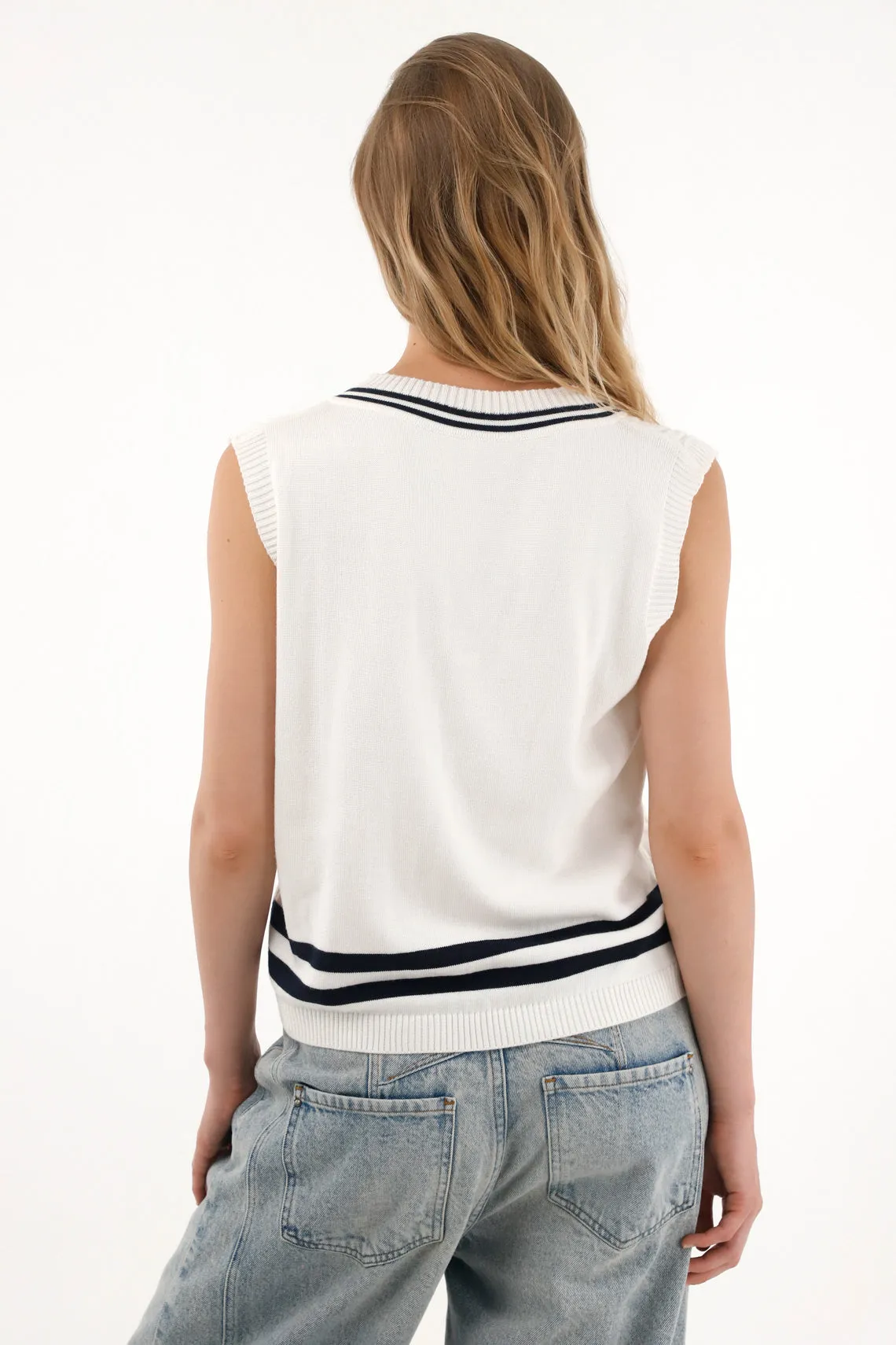 Women's cream knitted vest with striped design