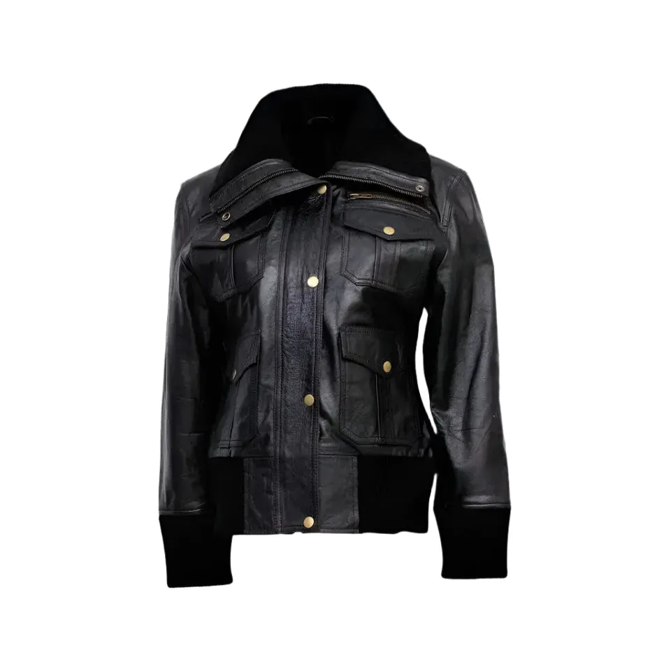 Women's Four-Pocket Black Leather Bomber Jacket