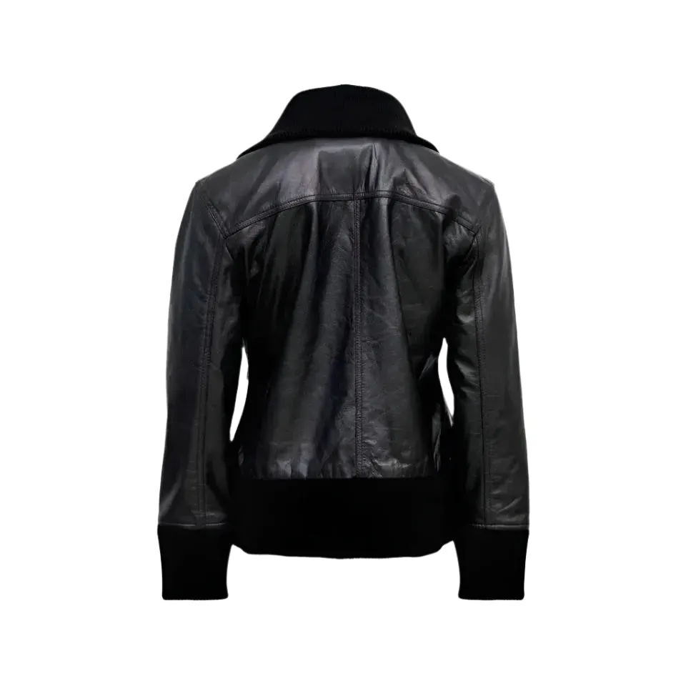 Women's Four-Pocket Black Leather Bomber Jacket