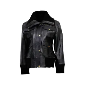 Women's Four-Pocket Black Leather Bomber Jacket