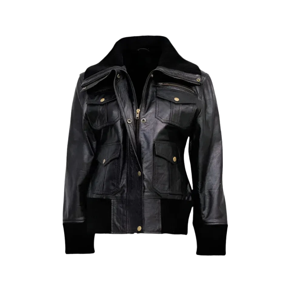 Women's Four-Pocket Black Leather Bomber Jacket