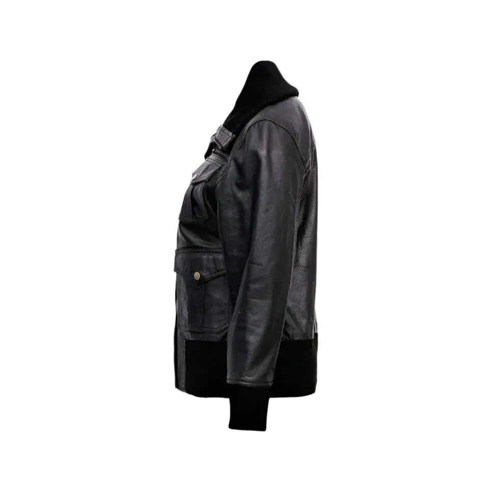Women's Four-Pocket Black Leather Bomber Jacket