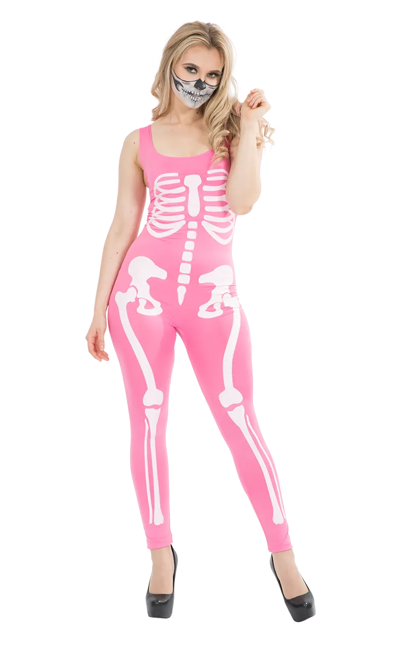 Womens Pink Skeleton Jumpsuit Costume