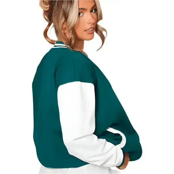 Women's Sea Green Varsity Leather Bomber Jacket – Stylish & Bold