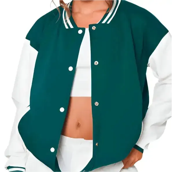 Women's Sea Green Varsity Leather Bomber Jacket – Stylish & Bold
