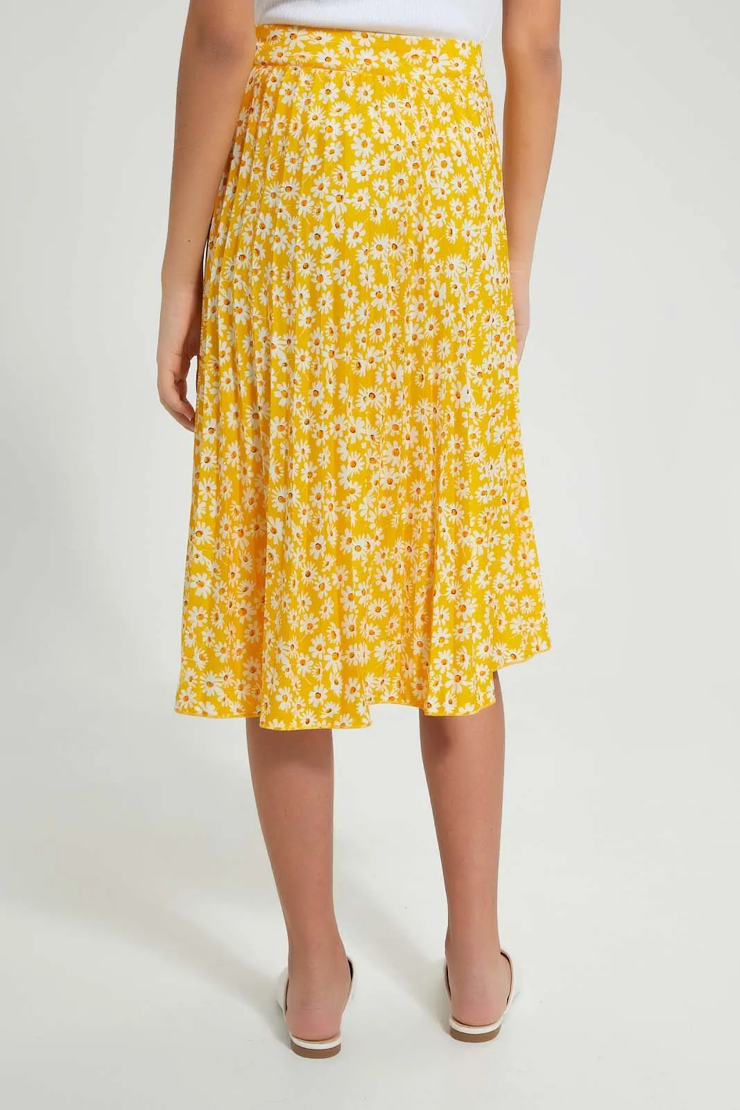 Yellow Floral Pleated Skirt